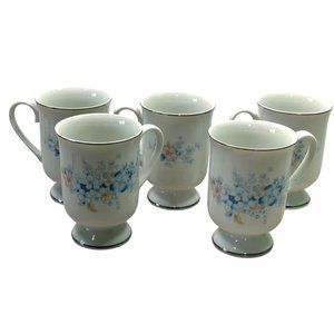Lot of 5 Blue Morn Coffee Mugs Footed Cups Fanci Florals Porcelain Japan
